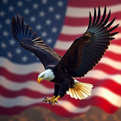 Bald eagle soaring against a patriotic backdrop