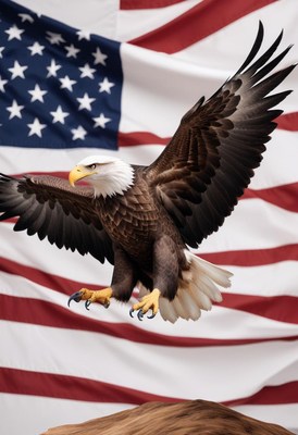 Bald eagle soaring in front of american flag backdrop