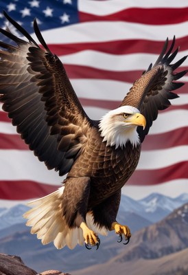 Bald eagle in flight against american flag backdrop