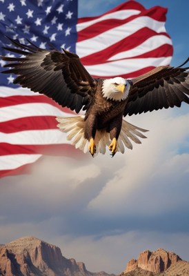 Eagle soars against american flag backdrop in the sky