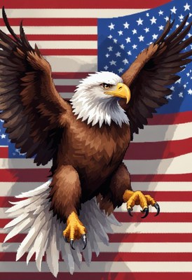American eagle soaring against flag backdrop