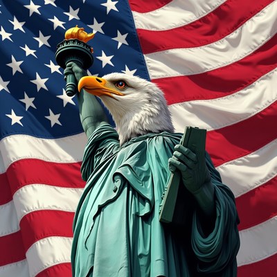 Eagle statue holding torch and book in front of flag