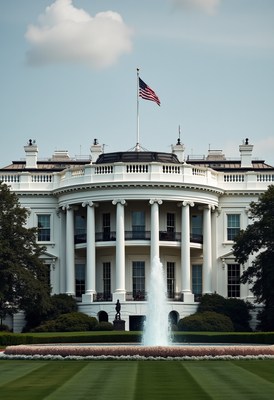 Fountain and flag at the white house on a clear day