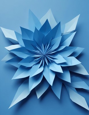 Blue paper flower art displayed on a solid background