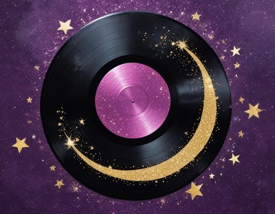 Vinyl record with stars and sparkles in cosmic background