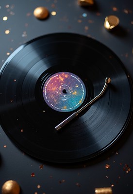 Vinyl record with colorful label placed on dark surface
