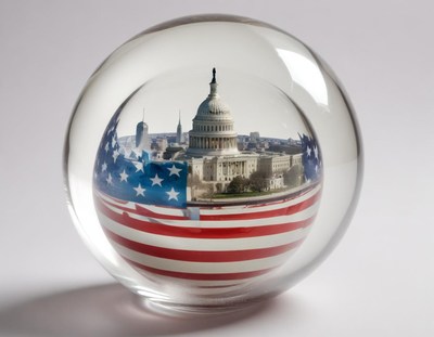Crystal globe showcasing us capitol surrounded by flag