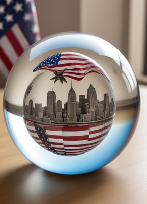Crystal orb reflects american city skyline and flags