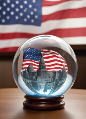 Snow globe featuring city skyline with american flag