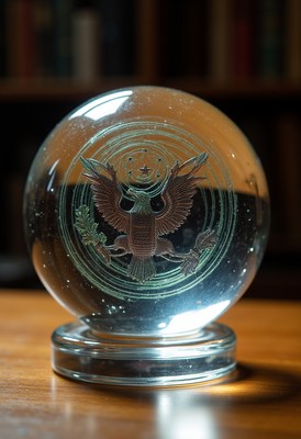Crystal globe showcasing an eagle design on wooden table