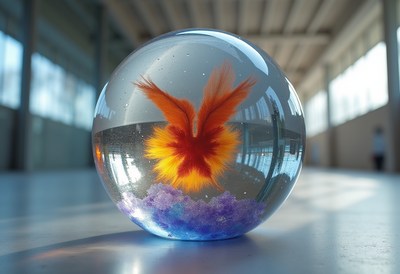 Colorful phoenix trapped in glass sphere