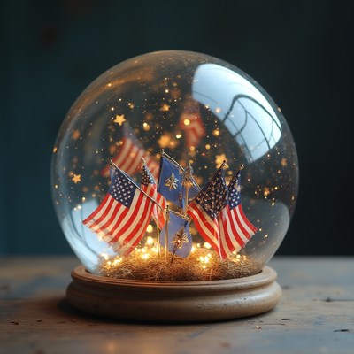 Decorative snow globe featuring flags and lights