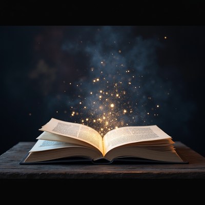 Open book with magical sparks floating in the air