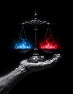 Balance of justice represented by fire and ice concept