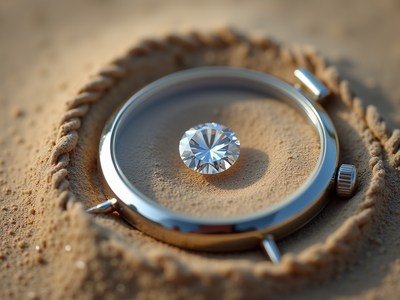 Diamond in sand under a magnifying glass