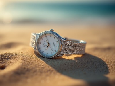 Elegant watch resting on sandy beach at sunset