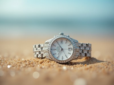 Elegant watch resting on sandy beach during sunny day