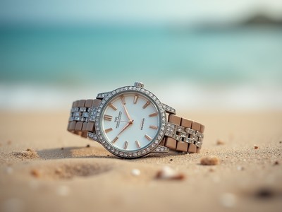 Elegant watch resting on sandy beach near ocean