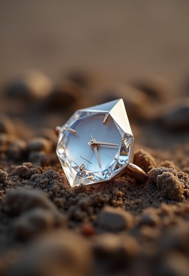 Unique crystal watch resting on sandy beach at sunset
