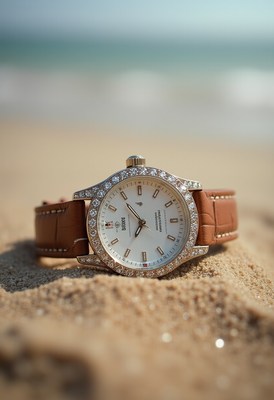 Luxury watch resting on sandy beach during sunny day