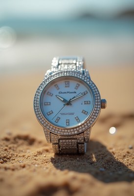 Luxurious watch resting on sandy beach at sunset