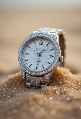 Sparkling silver watch on sandy beach at sunset
