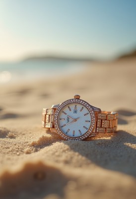 Elegant watch resting on sand near the beach at sunset