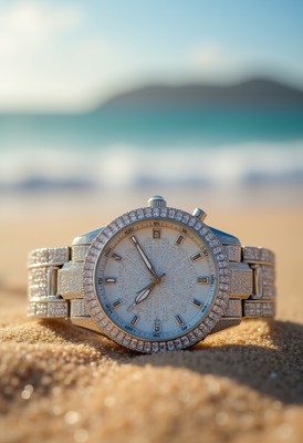 Elegant watch rests on sandy beach during sunny day