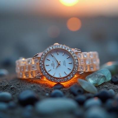 Elegant watch resting on pebbly beach at sunset