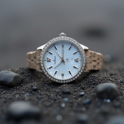 Elegant watch resting on black sand near shore