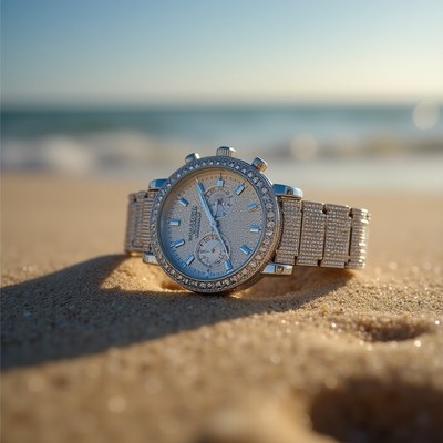 Stylish watch resting on sandy beach by the ocean