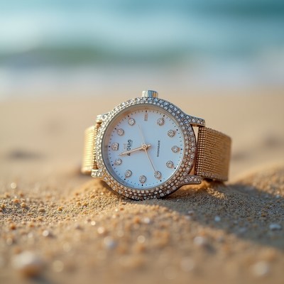 Elegant watch resting on sandy beach near water