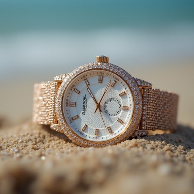 Elegant watch on sandy beach during sunny day