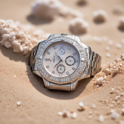 Luxury watch resting on golden sand near the shoreline