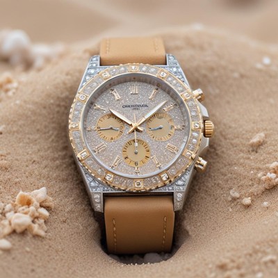 Luxury watch resting on sandy beach