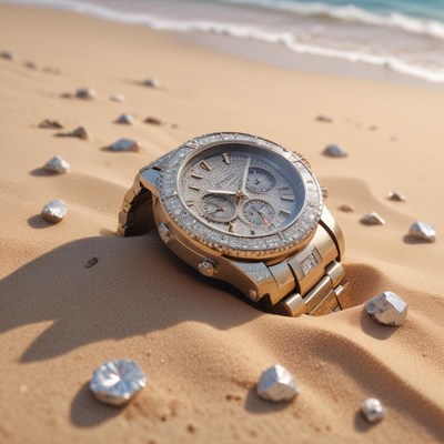 Luxury watch half-buried in sand on a serene beach