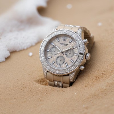 Luxury watch resting in sandy beach during daylight