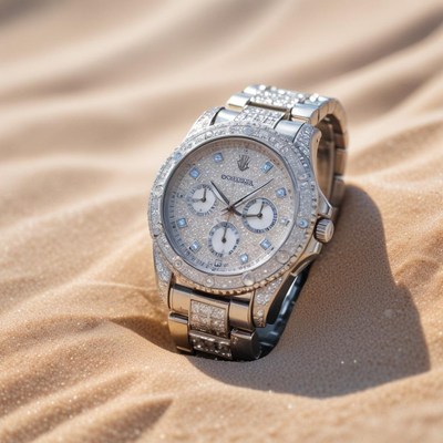 Luxury watch resting on sandy surface under sunlight