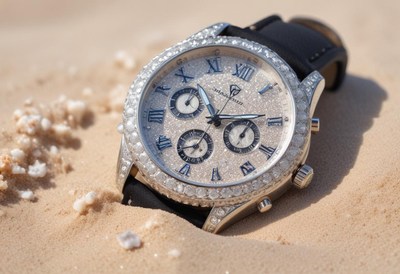 Sparkling watch resting on sandy beach landscape
