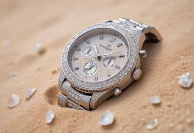 Luxury watch partially buried in desert sand