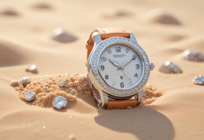 Elegant watch resting in warm desert sand