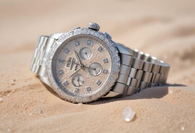 Luxury watch resting on sandy beach during sunny day