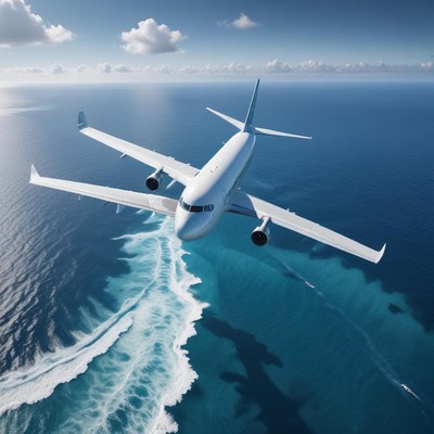 Airplane soaring over blue ocean waves near coast