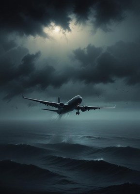 Airplane flying over turbulent ocean waters at dusk