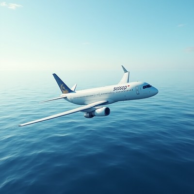 Airplane flying over the ocean in clear blue sky
