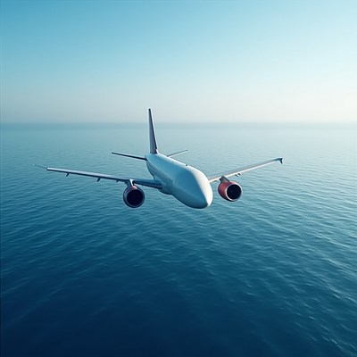 Airplane flying over calm ocean water at sunset