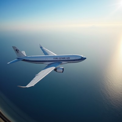 Airplane flying over calm ocean waters at sunset
