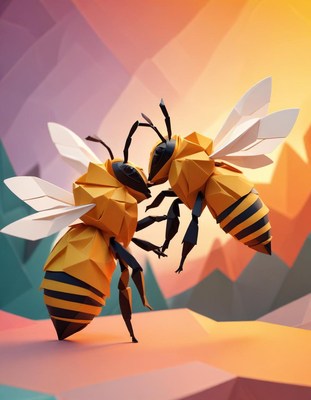 Colorful origami bees dancing against a bright backdrop