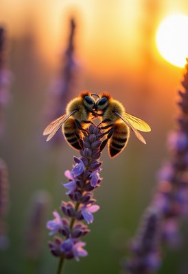 Bees pollinating lavender flowers during sunset