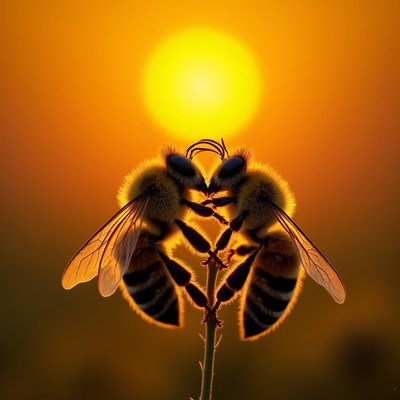 Bees pollinating during sunset against golden sky